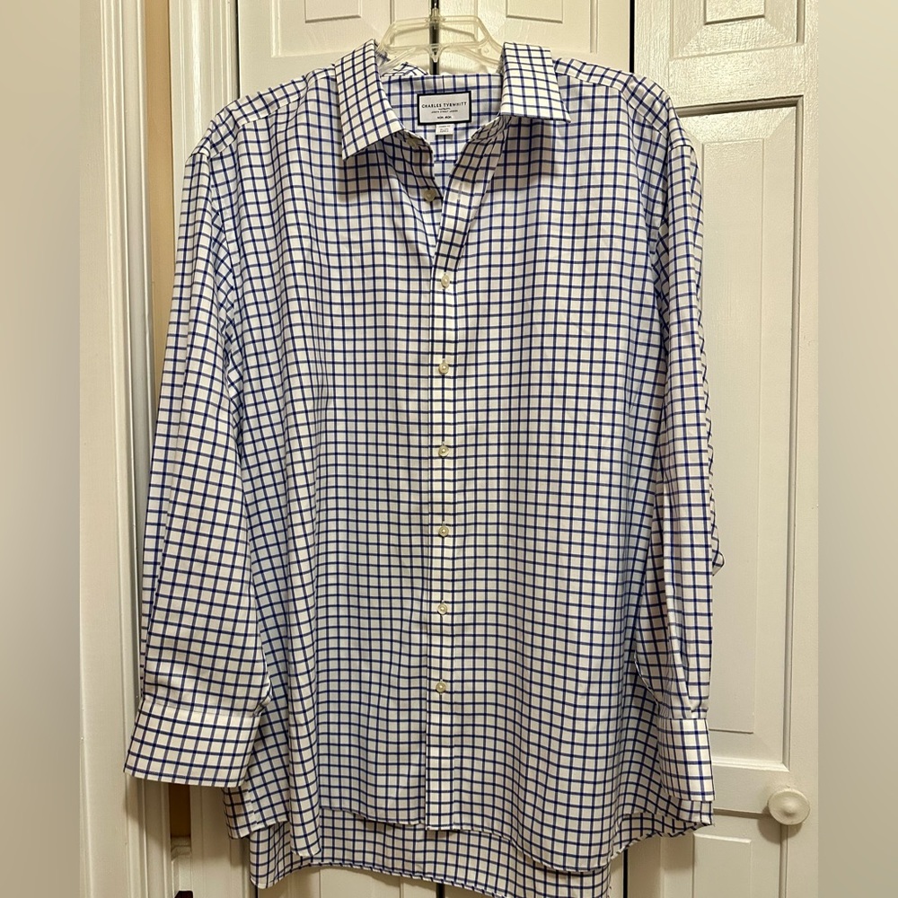 Charles Tyrwhitt Men's Blue Checkered Shirt button down long sleeve non iron